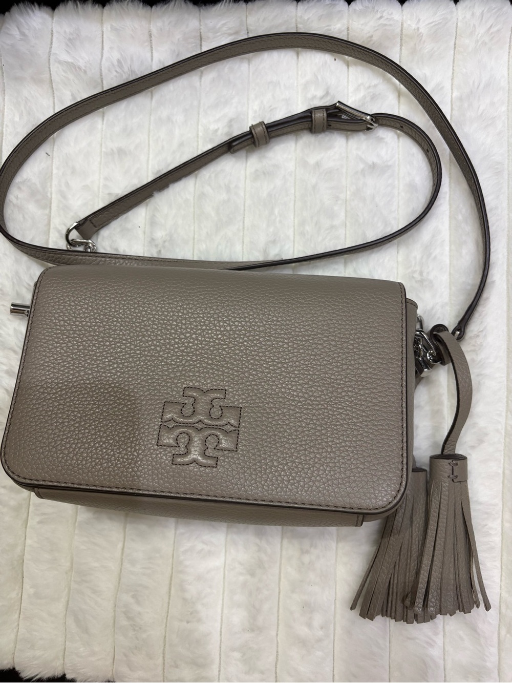 Tory Burch Taupe Pebbled Leather Crossbody with Tassel